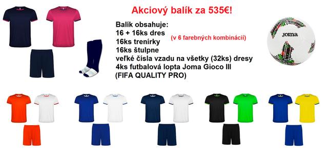 Akciový balík Espaňa - 16+16ks dres, 16ks trenírky, 16ks štulpne a 4ks Joma Gioco futbalová lopta - RRJG_16ks