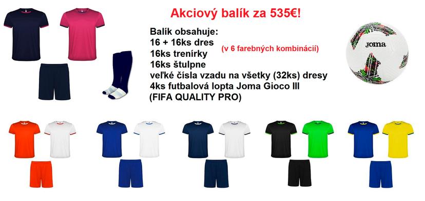 Akciový balík Espaňa - 16+16ks dres, 16ks trenírky, 16ks štulpne a 4ks Joma Gioco futbalová lopta - RRJG_16ks