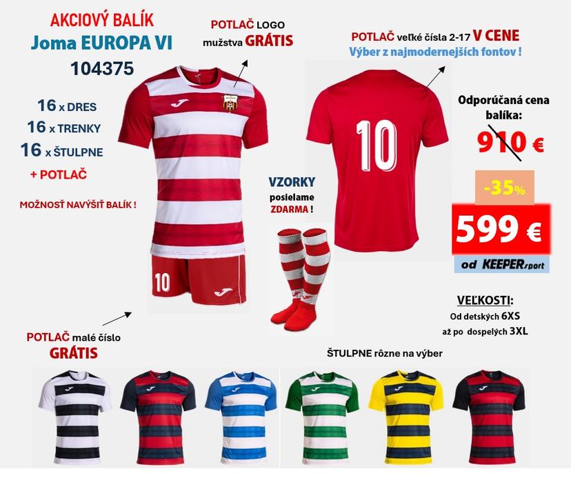 Akciový balík hráčskych setov JOMA EUROPA VI + potlač - 104375