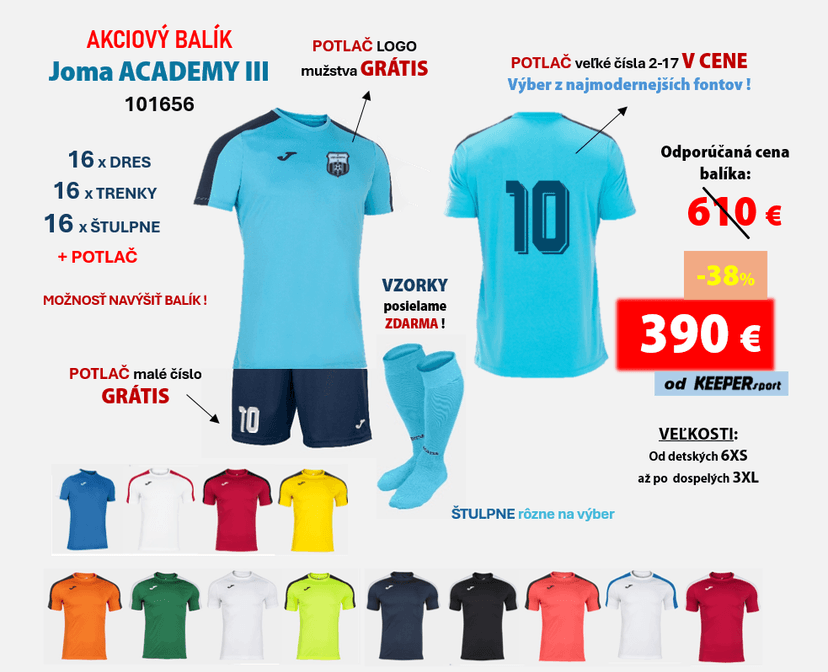 AKCIOVÝ BALÍK hráčskych setov Joma ACADEMY III -  101656 + potlač - b - 101656 - 16
