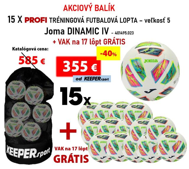 Akciový balík - 15 x PROFI tréningová futbalová lopta Joma DYNAMIC IV + VAK  KEEPERsport na 17 lôpt  GRÁTIS - balík - lopty 15 DIN