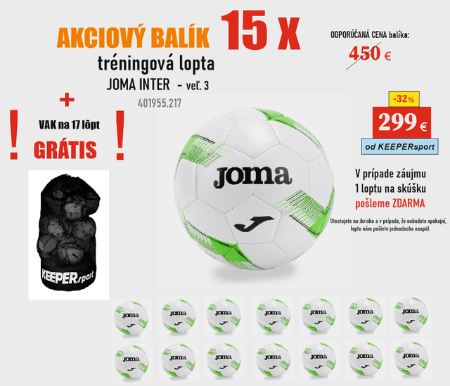 AKCIOVÝ BALÍK - 15 x TRÉNINGOVÁ lopta JOMA INTER - veľkosť 3 - 401955.217 + VAK grátis - INTER - 3 - 15x