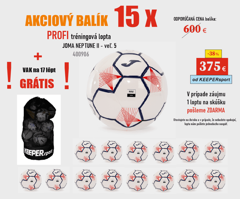 15 x PROFI tréningová lopta JOMA NEPTUNE II - 400906.206 + VAK GRÁTIS - 400906.206 - 15x